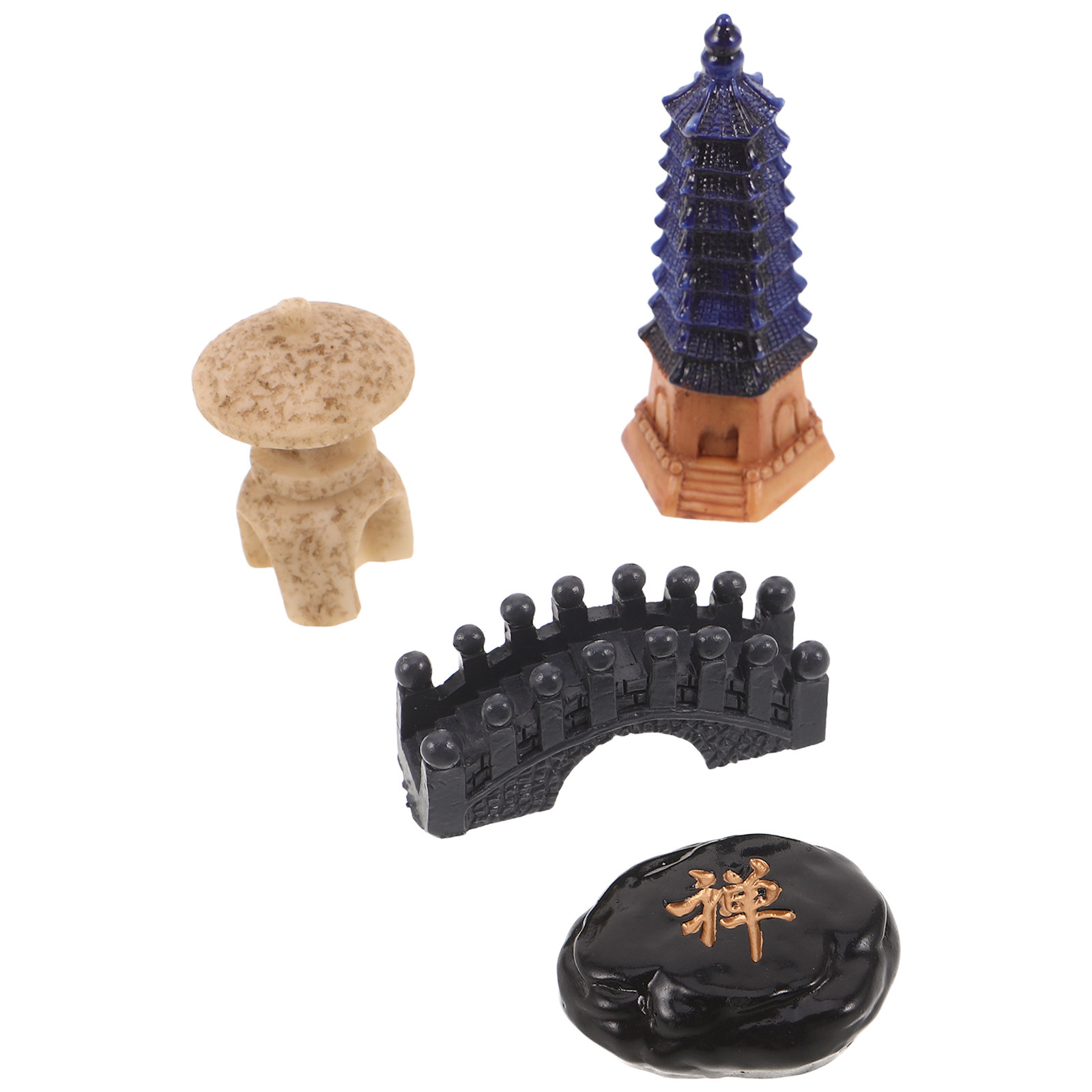 Bonsai Zen Garden Set - 4-teiliges japanisches Miniatur-Zen-Garten-Pavillon-Set, asiatische Outdoor-Harzskulptur, Tisch-Bonsai-Zubehör,
